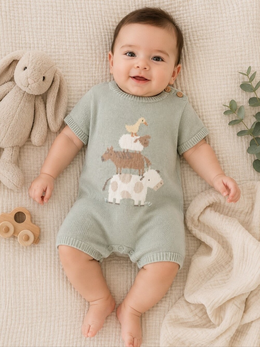 Elegant Baby Mint Green Knit Romper with Animal Motif